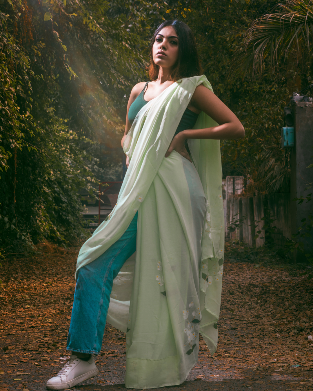 Bougainvillea green georgette saree - Image 4