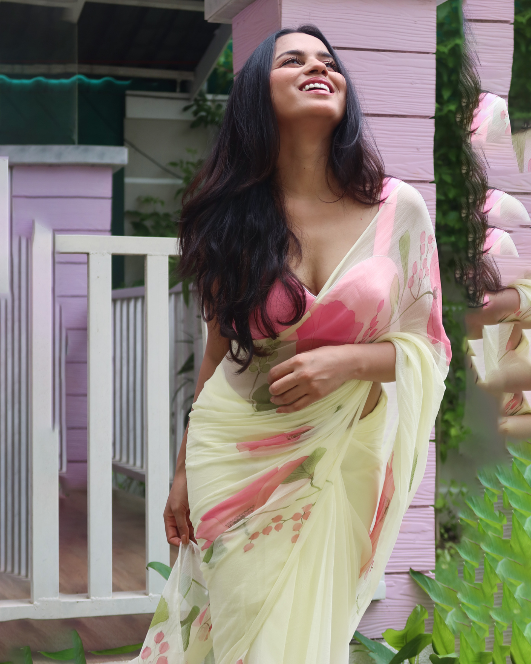 Ginkgo and florals yellow chiffon saree - Image 3