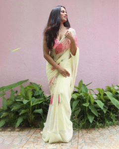 Ginkgo and florals yellow chiffon saree