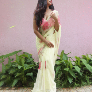 Ginkgo and florals yellow chiffon saree