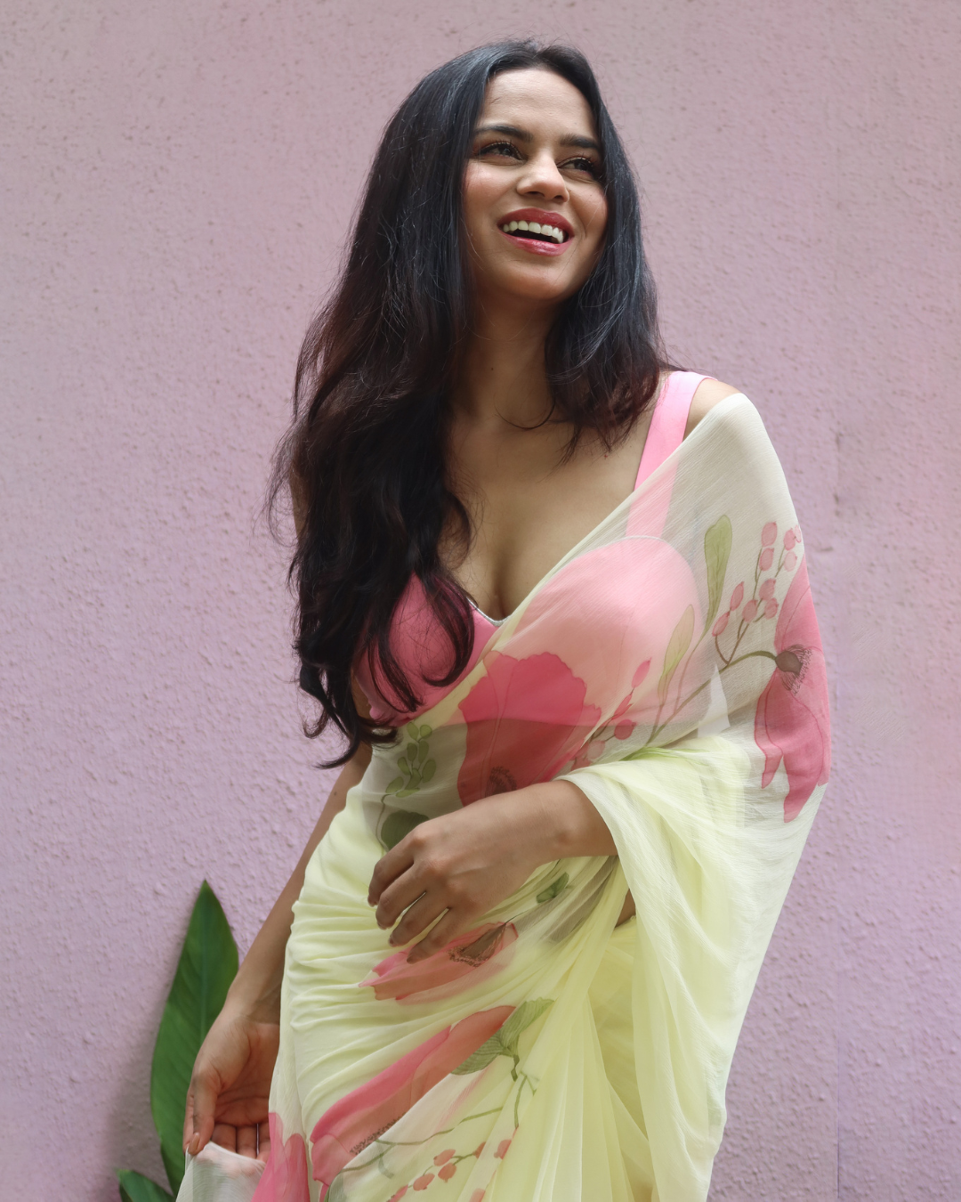 Ginkgo and florals yellow chiffon saree - Image 5