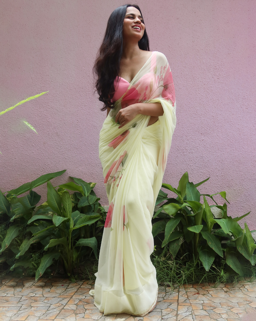 Ginkgo and florals yellow chiffon saree - Image 6