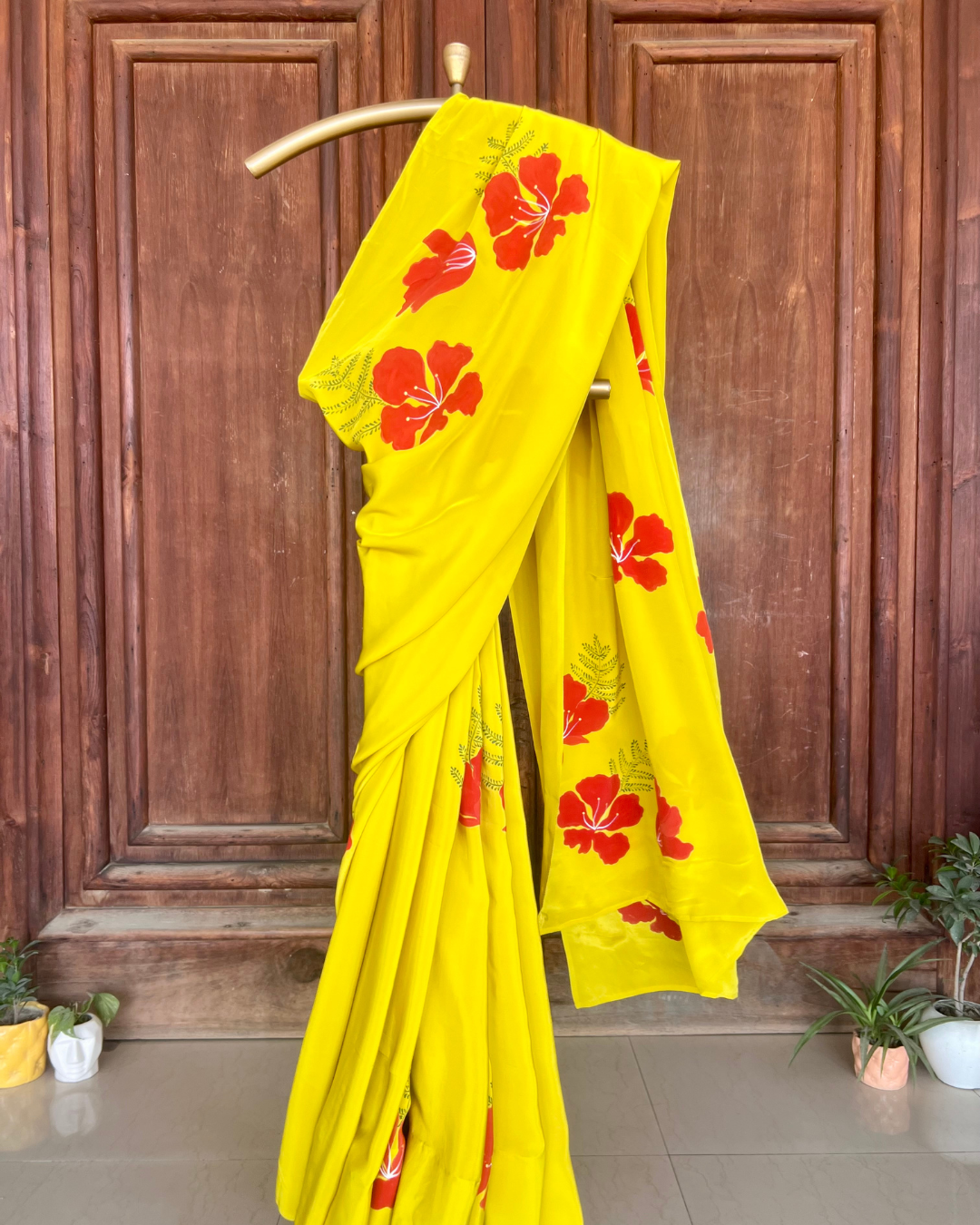 Gulmohar chartreuse crepe saree