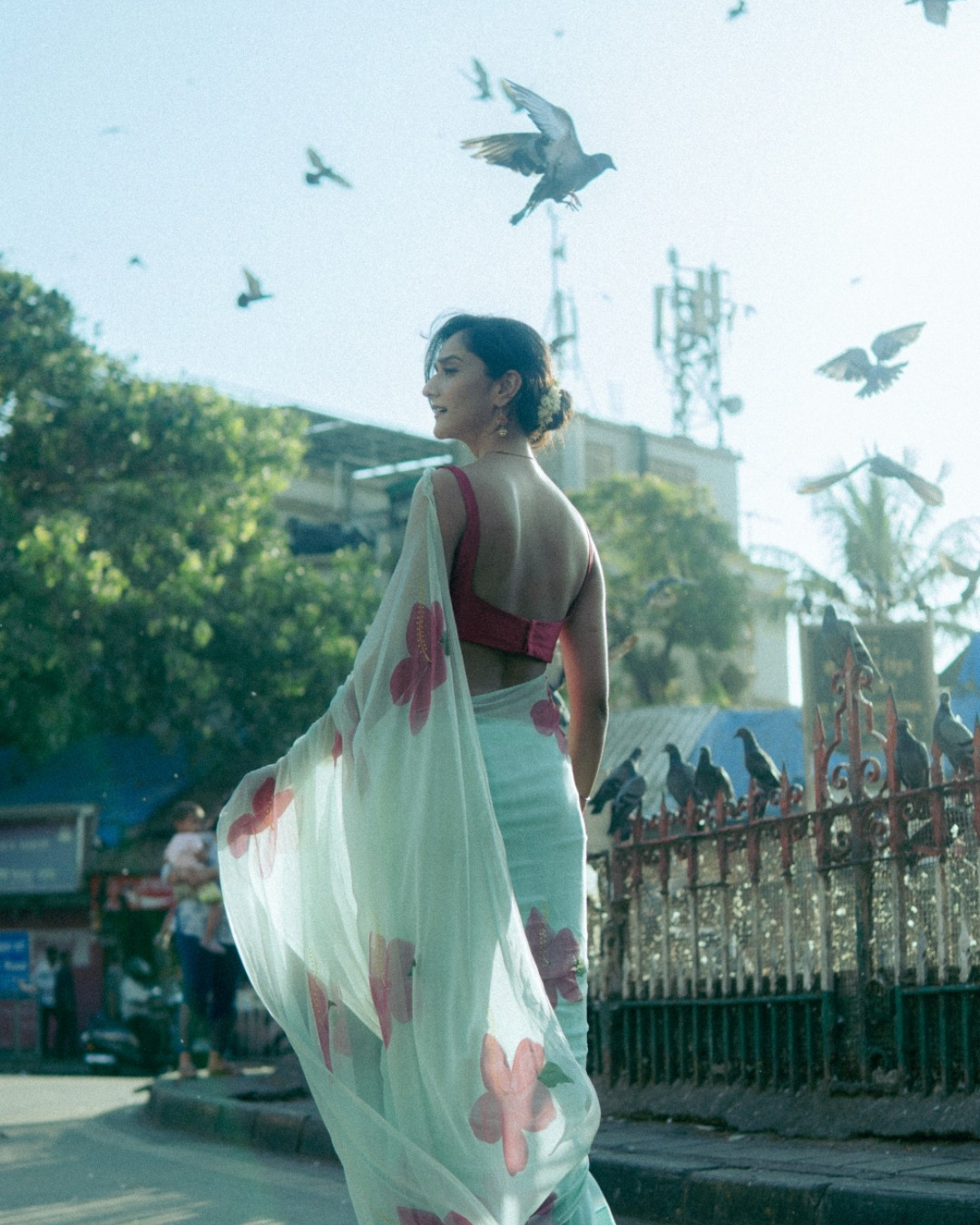Hibiscus green chiffon saree