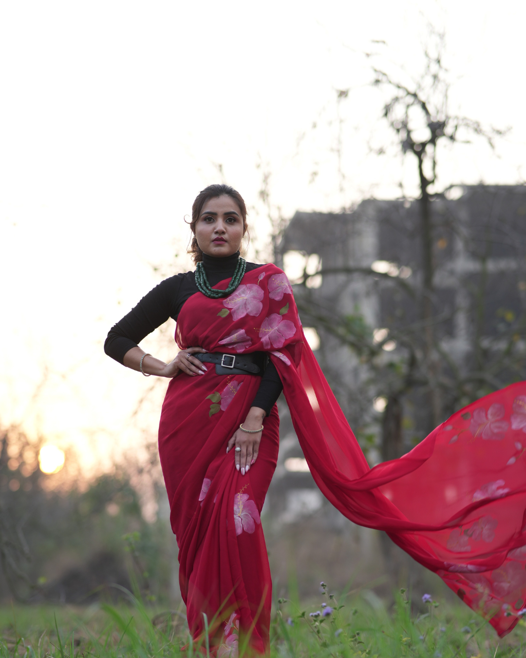 Hibiscus red georgette saree - Image 2