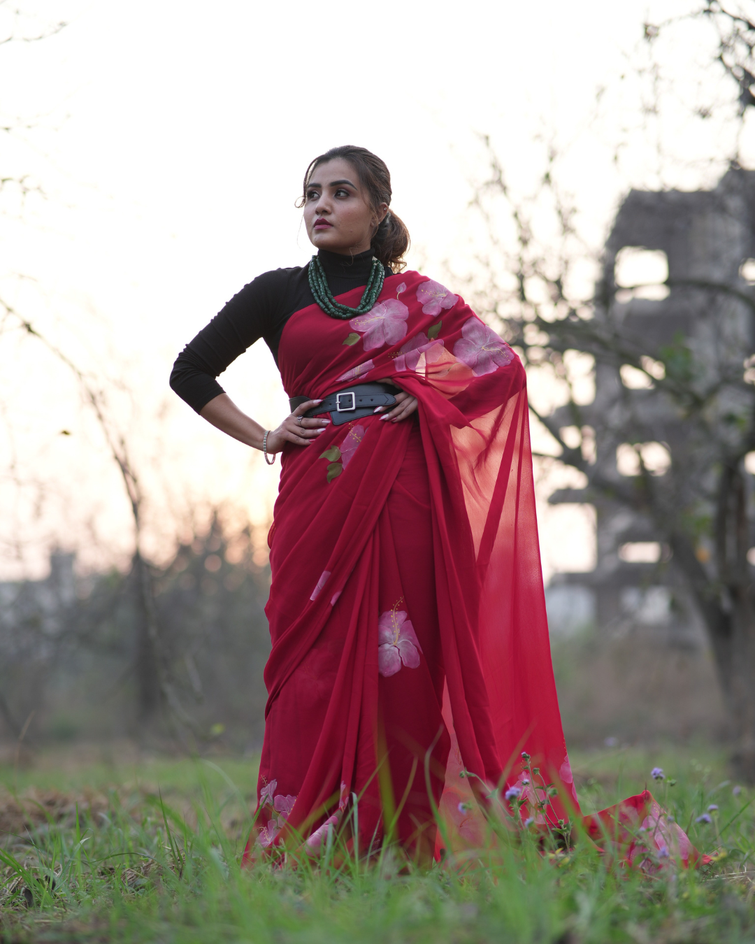 Hibiscus red georgette saree - Image 4