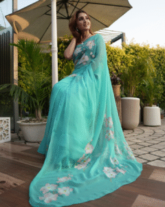 Orchids blue chiffon saree