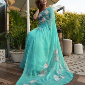 Orchids blue chiffon saree