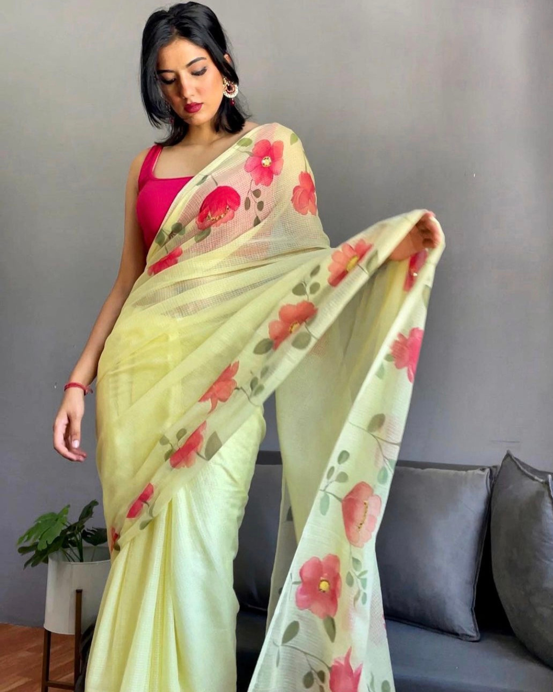Red florals yellow cotton kota doria saree - Image 5