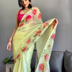 Red florals yellow cotton kota doria saree