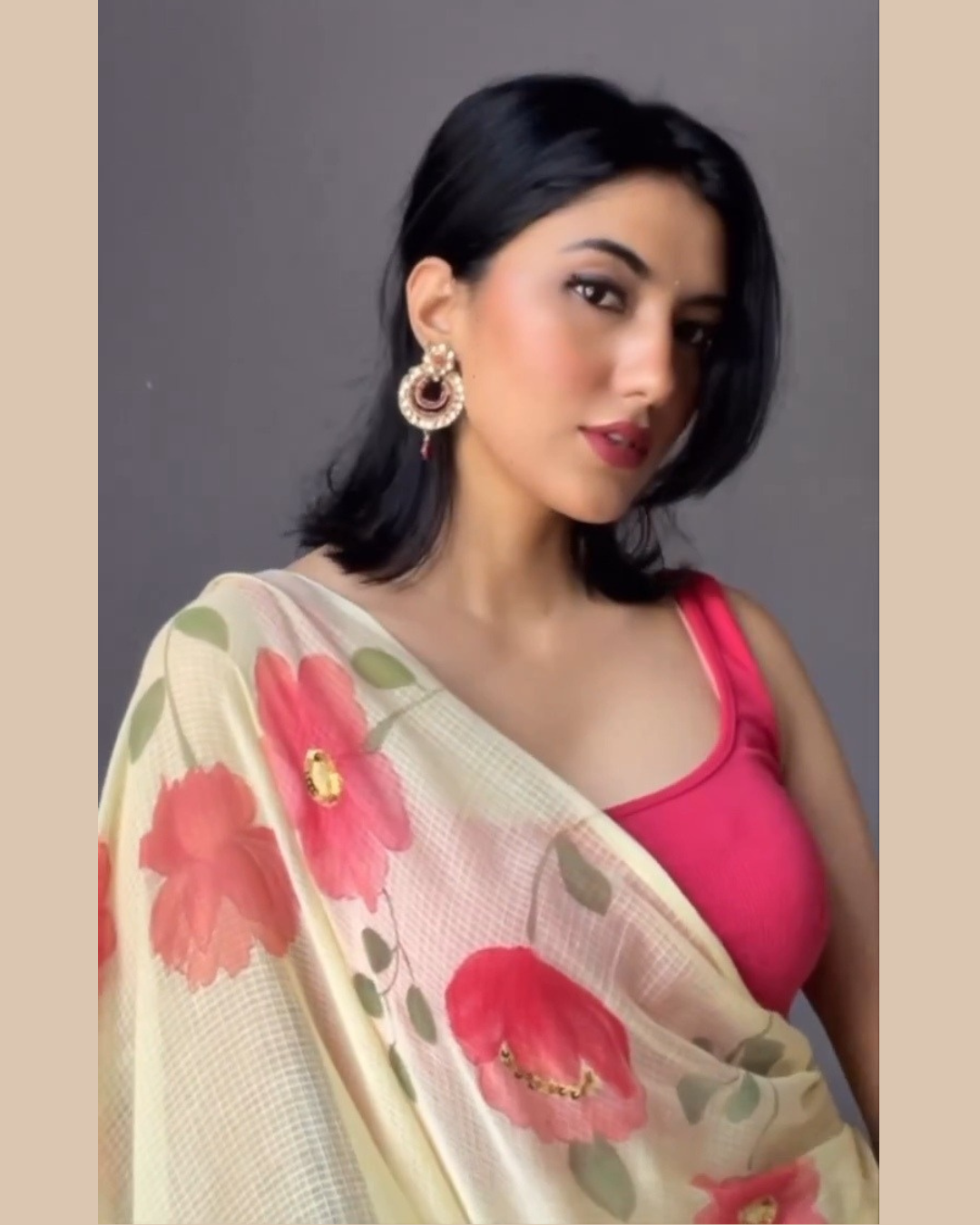 Red florals yellow cotton kota doria saree - Image 2