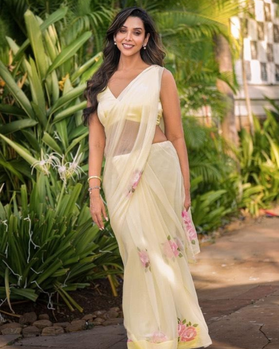 Rose yellow chiffon saree