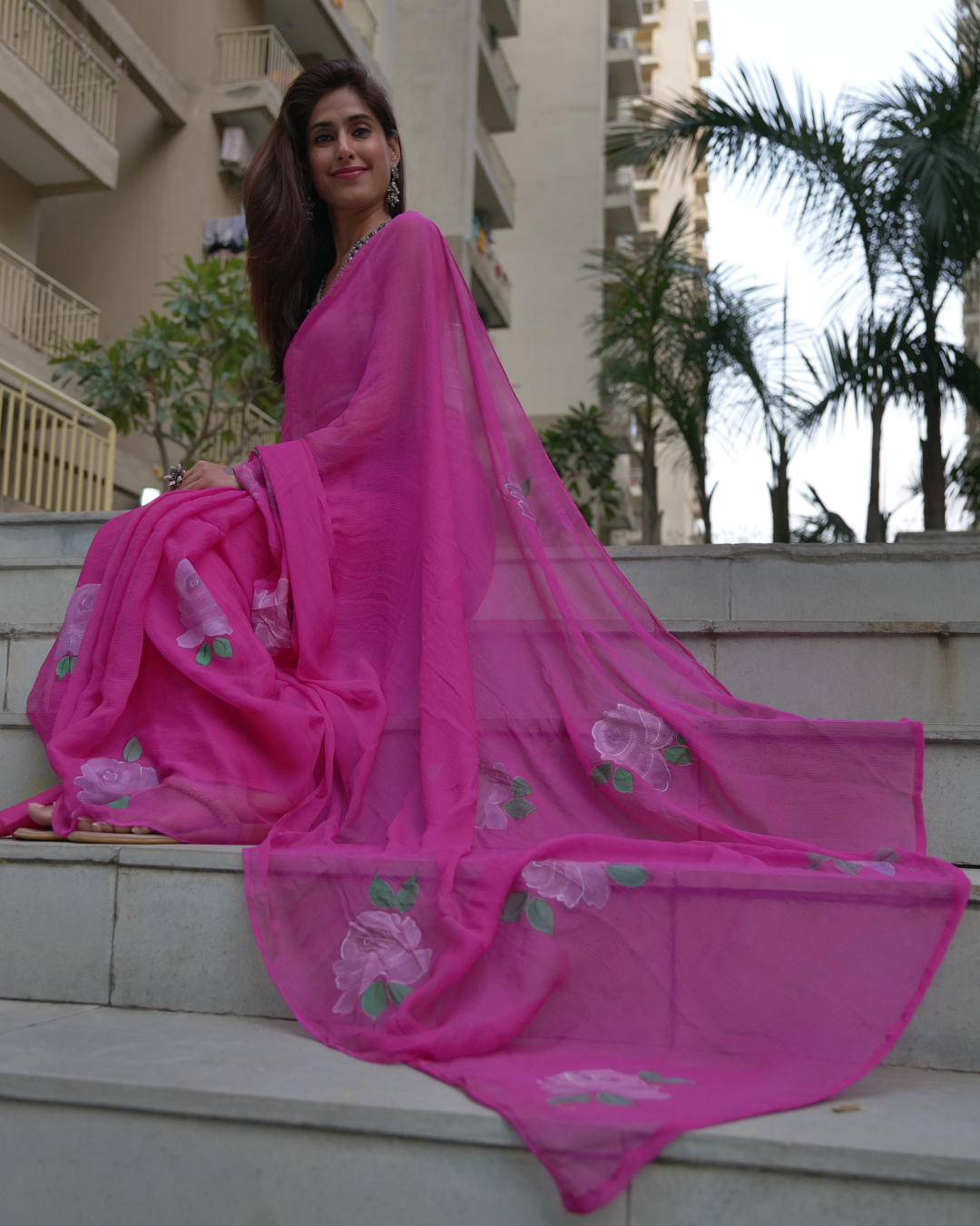 Rose magenta chiffon saree