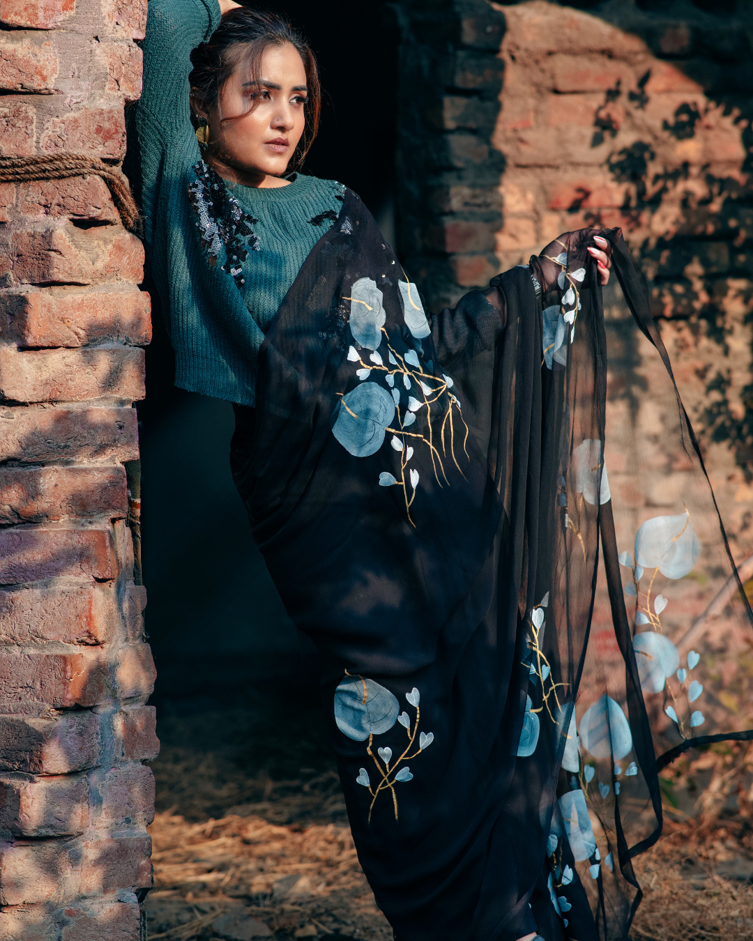 Flamingo black chiffon saree