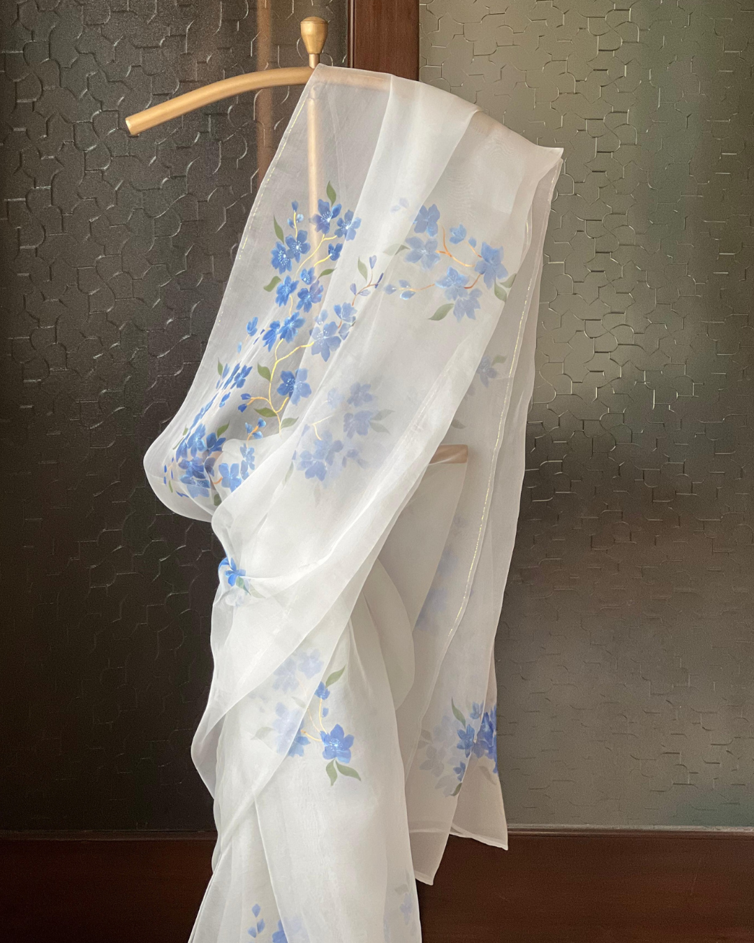 Cherry blossoms grey organza saree