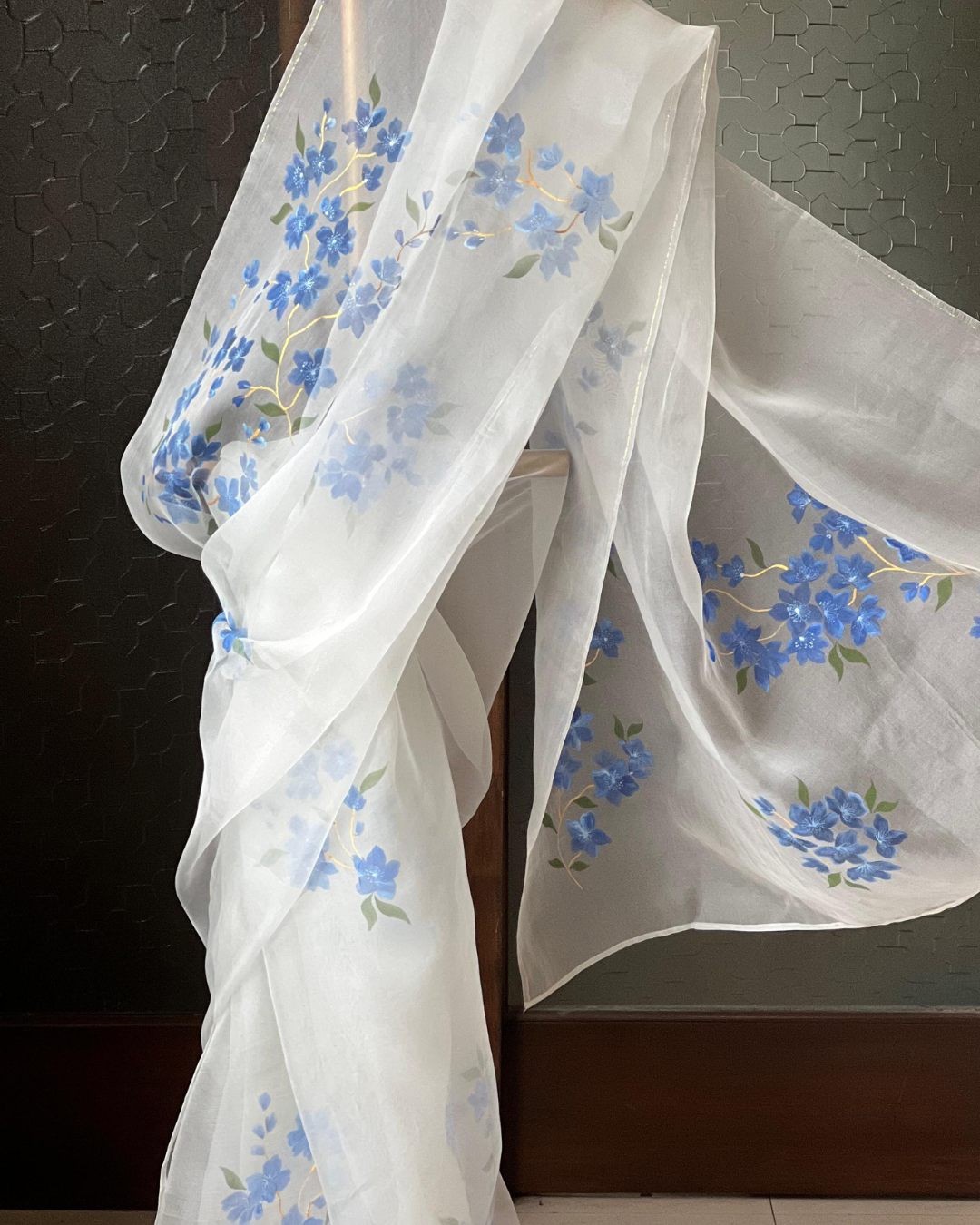 Cherry blossoms grey organza saree - Image 2