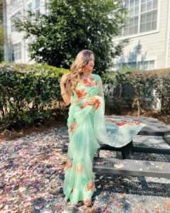 Gulmohar green organza saree