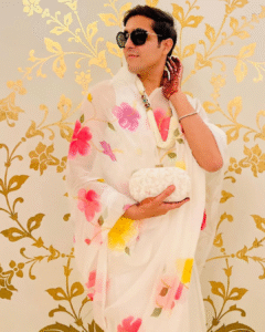 Hibiscus white organza saree