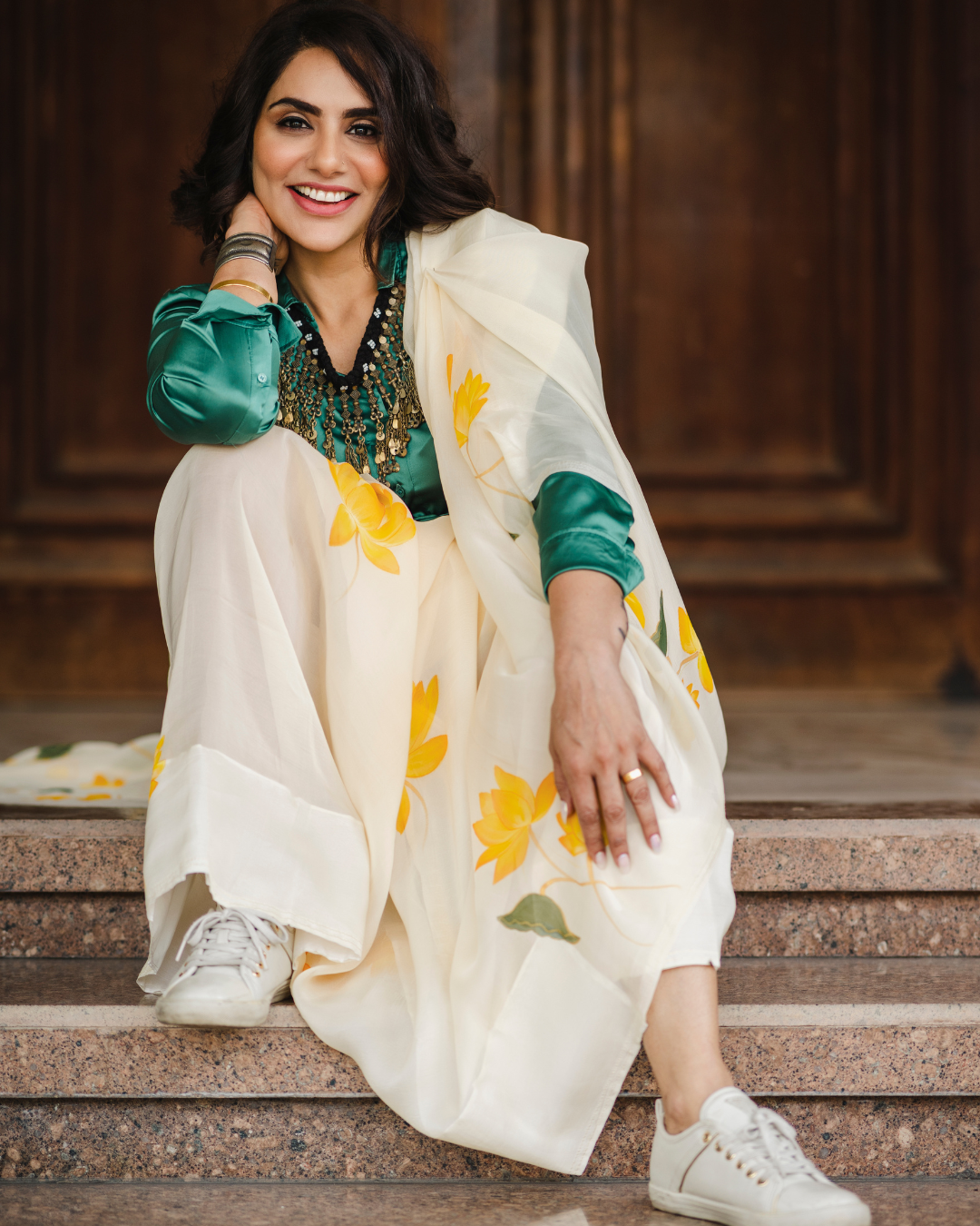 Lotus beige organza saree - Image 4