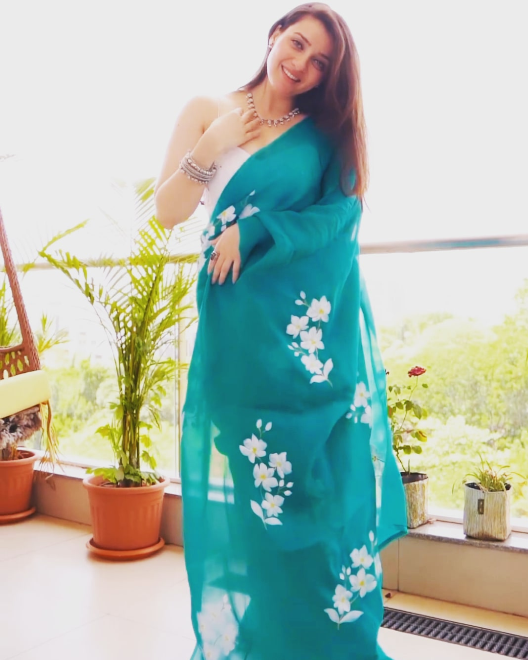 Orchids green organza saree - Image 4