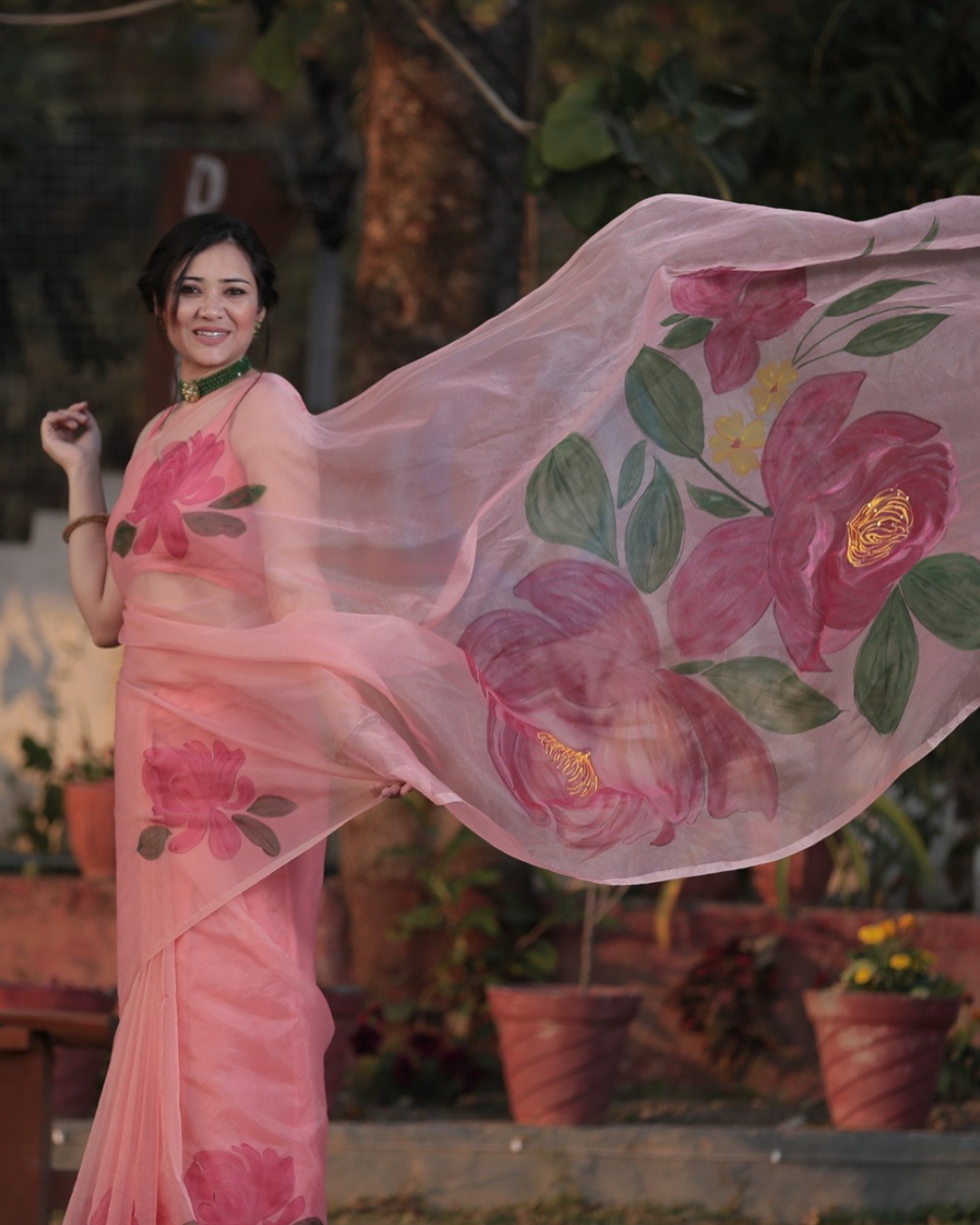 Peonies peach organza saree - Image 4