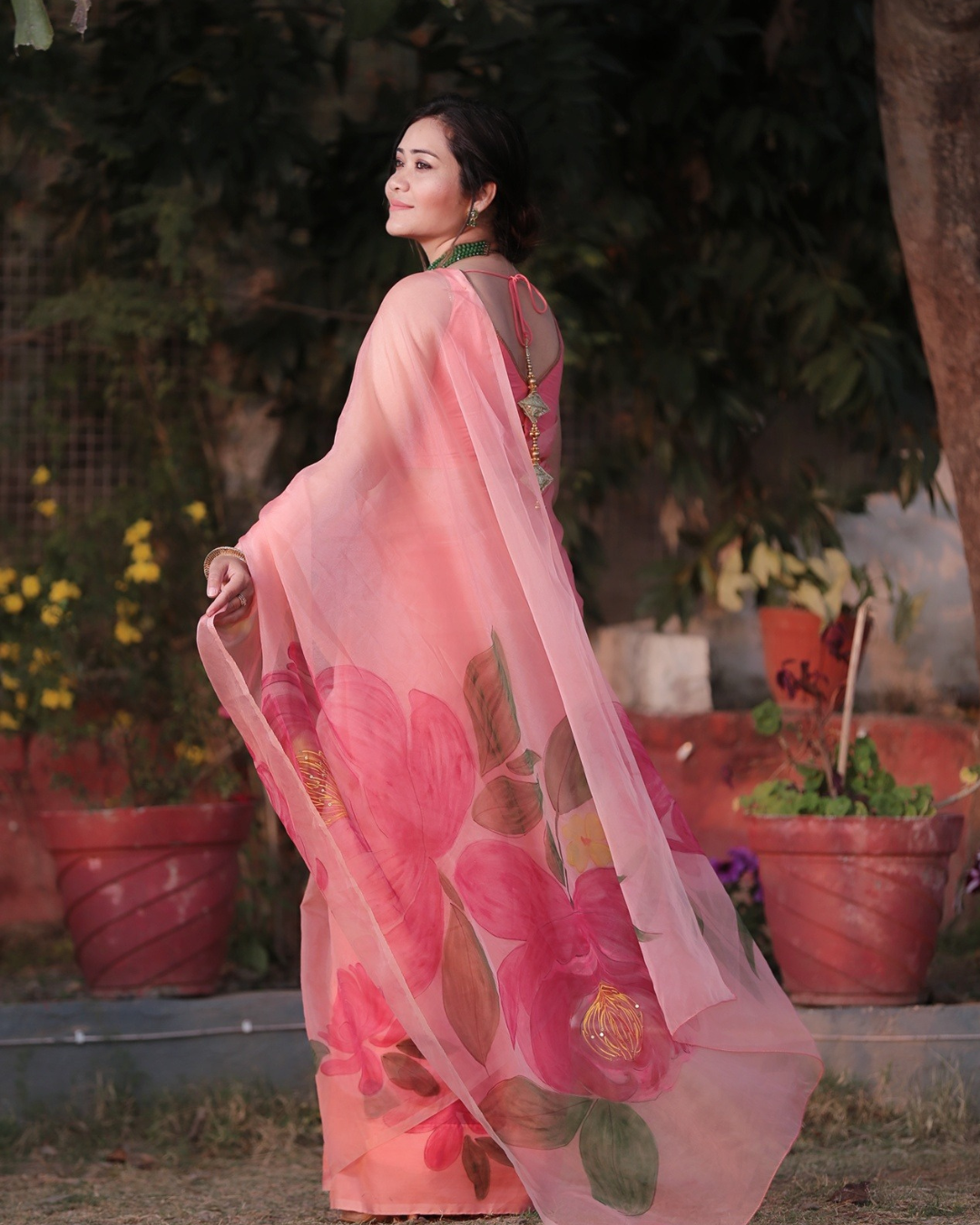 Peonies peach organza saree - Image 2