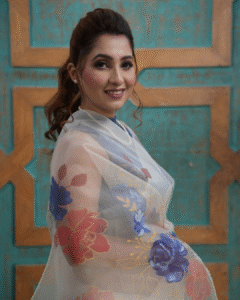 Rose and peonies white organza saree