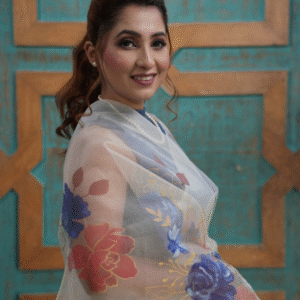 Rose and peonies white organza saree