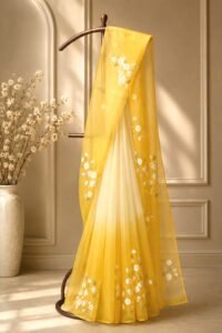 Cherry Blossom On Yellow Ombre Saree
