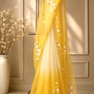 Cherry Blossom On Yellow Ombre Saree