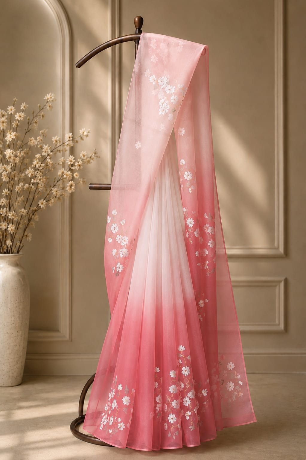 Cherry Blossom On Pink Ombre Saree